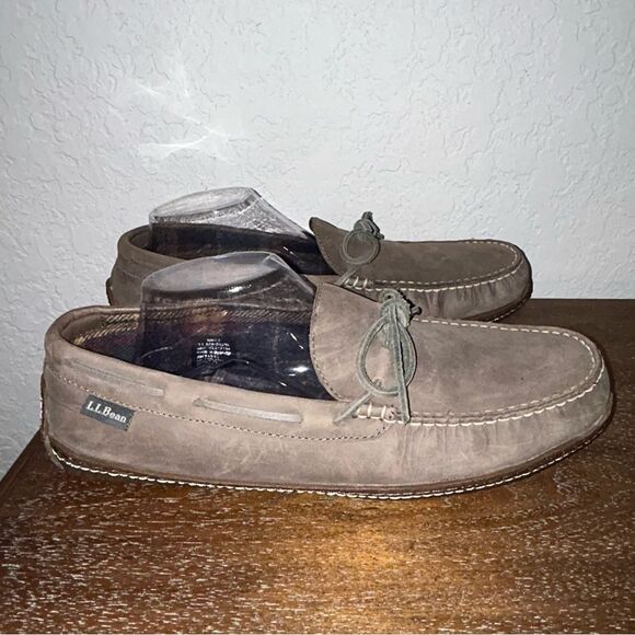 L.L Bean Hand Sewn Flannel Lined Slip On Suede Leather Moccasin Slipper Shoes - Picture 3 of 7
